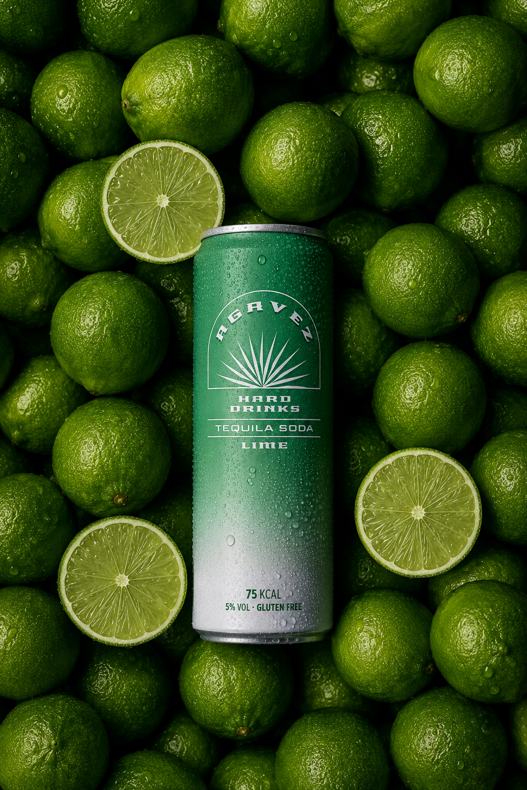 Agavez Tequila Soda Lime can surrounded by fresh limes