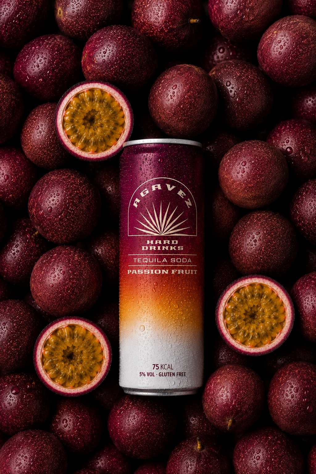Agavez Tequila Soda Passion Fruit can surrounded by passion fruit
